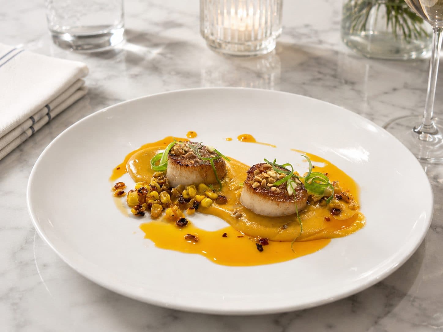 Seared scallops with sweet corn and squash purée