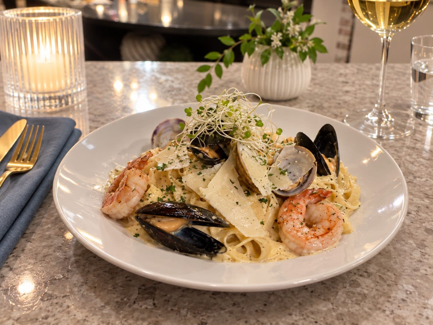 Seafood pasta with shrimp, clams and mussels